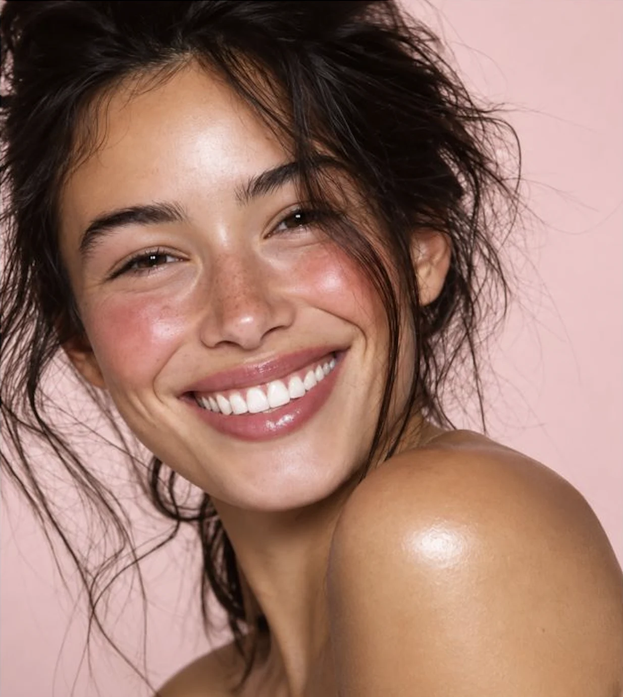 Model wearing glossy watermelon lip oil